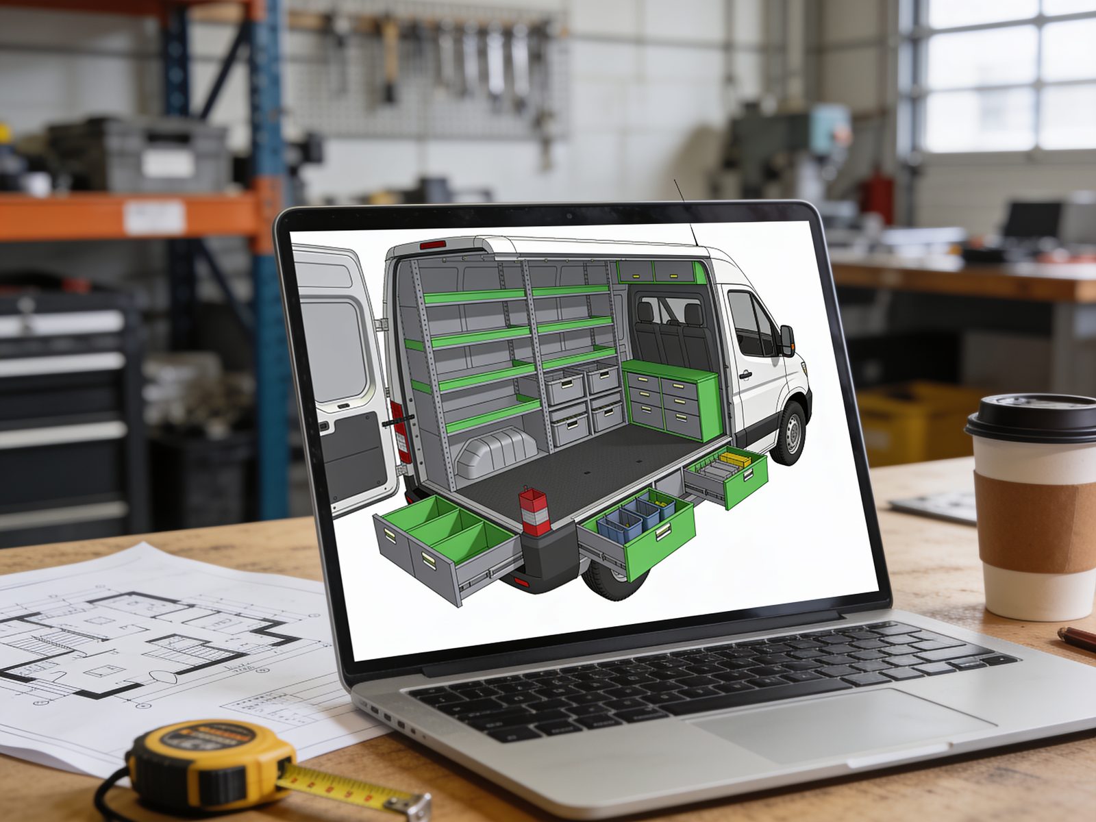 3D-Konfigurator: Laptop mit Layout einer Fahrzeugeinrichtung